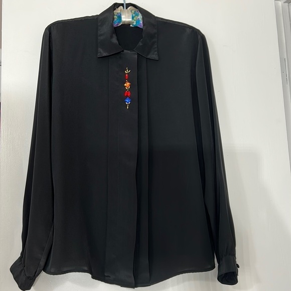 VINTAGE NOTATIONS BLACK BUTTON DOWN LONG SLEEVE JEWELED BLOUSE 14 women’s - Picture 1 of 8